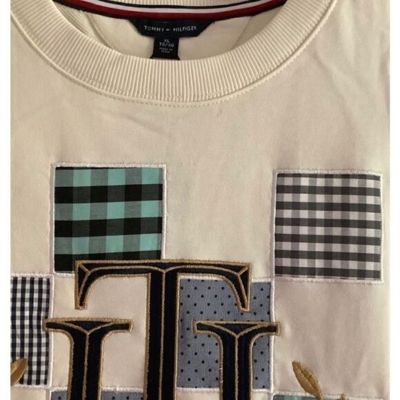 NWT Tommy HILFIGER NEW WITH TAG PATCHWORK IVORY CREWNECK WOMAN SWEATSHIRT SI… - Picture 7 of 9